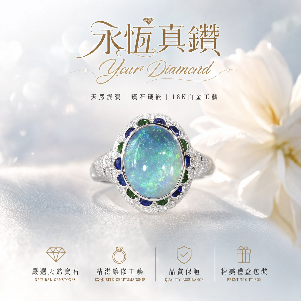 18K 白金澳寶鑽石戒指